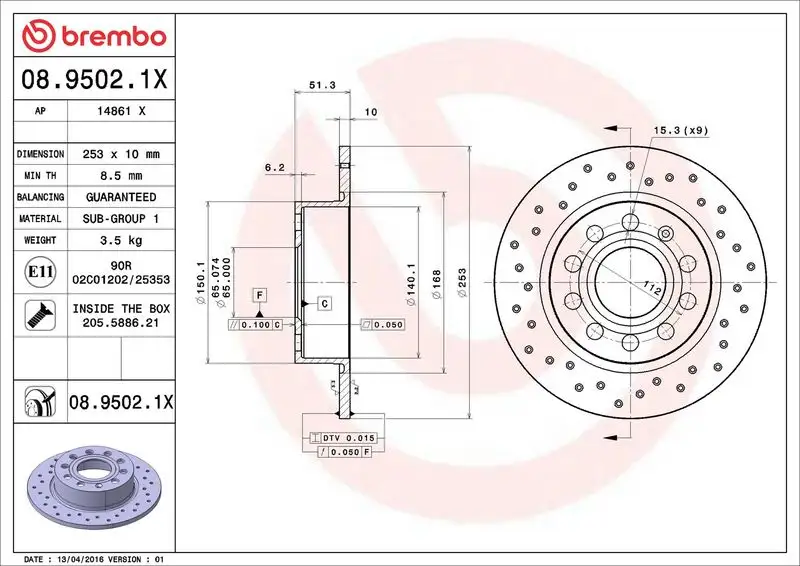 BREMBO 08.9502.1X Arka Fren Diski