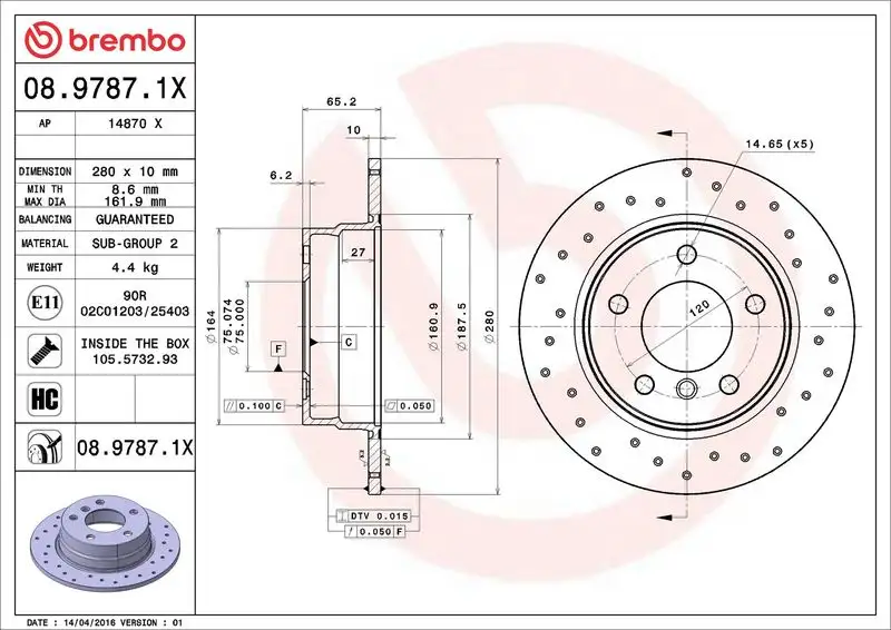 BREMBO 08.9787.1X Arka Fren Diski 34216855001