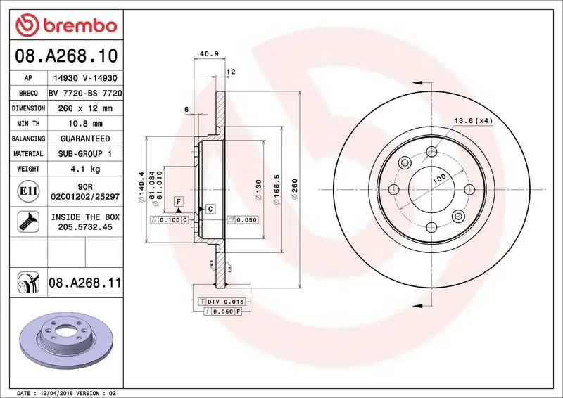 BREMBO 08.A268.10 Ön Fren Diski