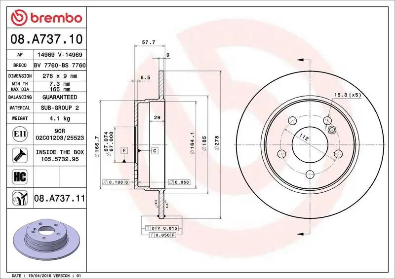 BREMBO 08.A737.11 Arka Fren Diski A2044230512