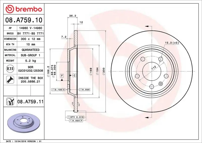 BREMBO 08.A759.10 Arka Fren Diski