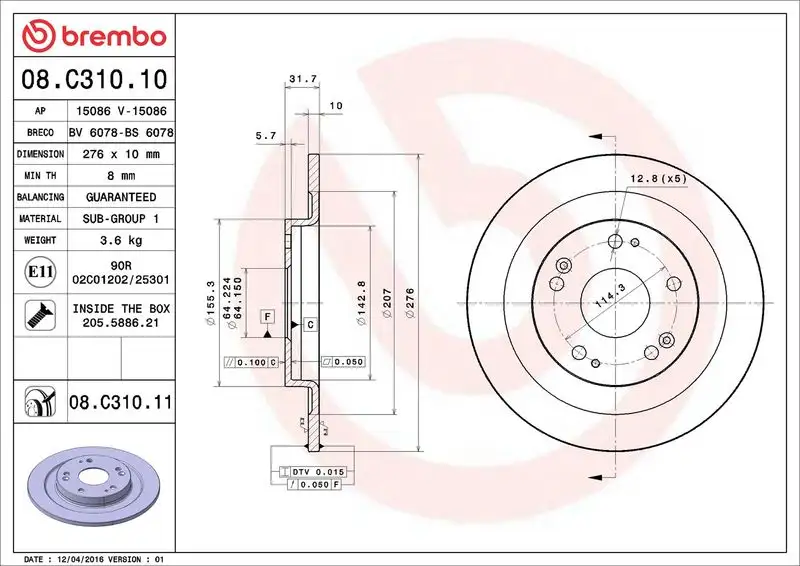 BREMBO 08.C310.11 Arka Fren Diski 42510TV0E01