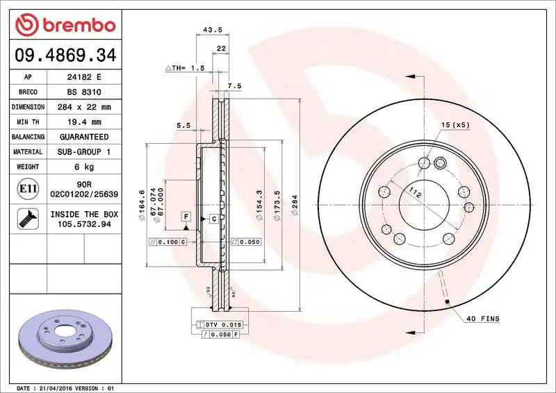 BREMBO 09.4869.34 Ön Fren Diski A1244212712