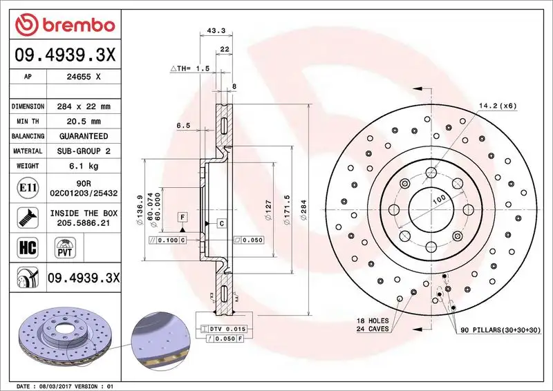 BREMBO 09.4939.3X Ön Fren Diski