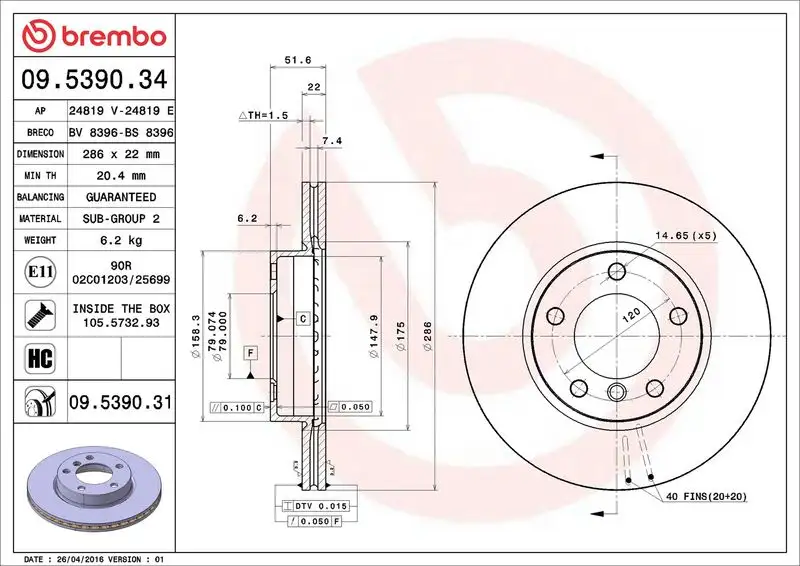 BREMBO 09.5390.31 Ön Fren Diski