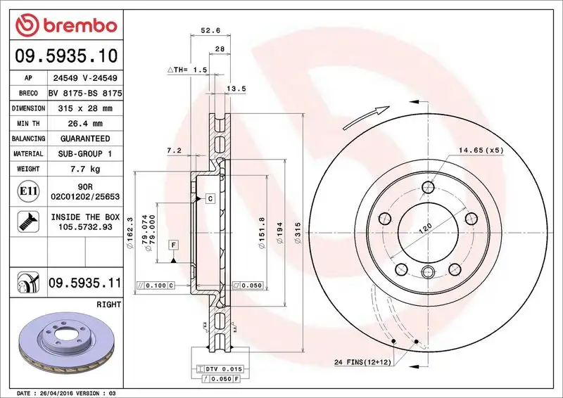 BREMBO 09.5935.11 Ön Fren Diski (Sağ) 34112227738