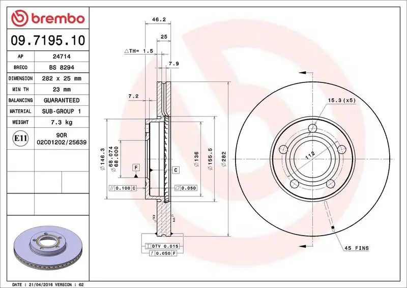 BREMBO 09.7195.10 Ön Fren Diski 8E0615301C