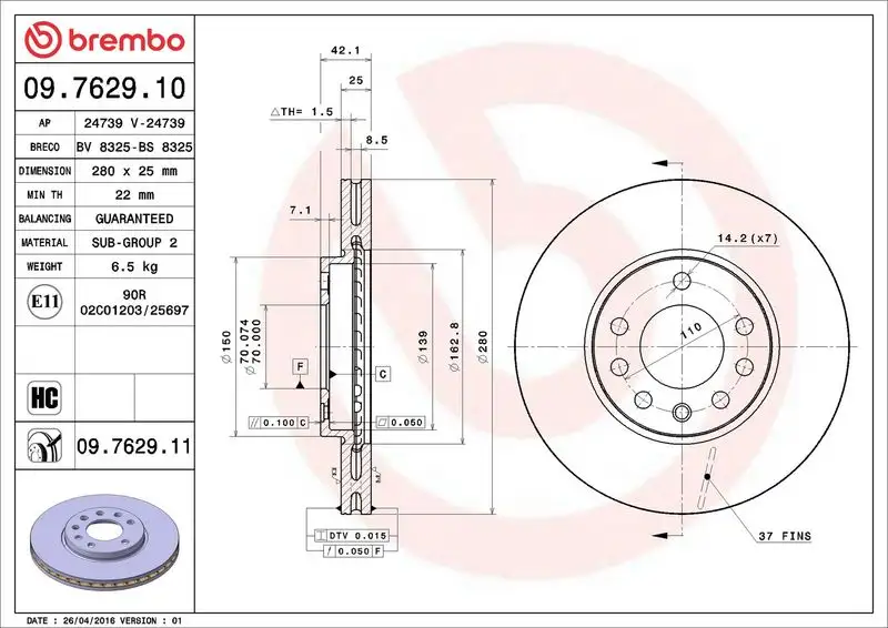BREMBO 09.7629.10 Ön Fren Diski