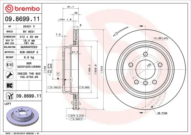 BREMBO 09.8699.11 Arka Fren Diski (Sol) 34212227177