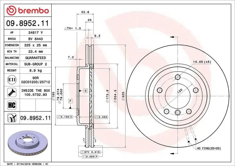 BREMBO 09.8952.11 Ön Fren Diski