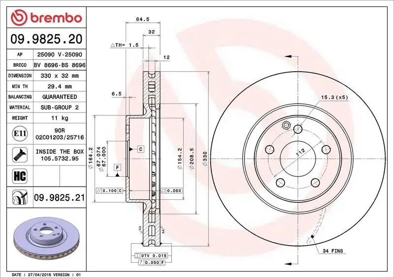 BREMBO 09.9825.21 Ön Fren Diski