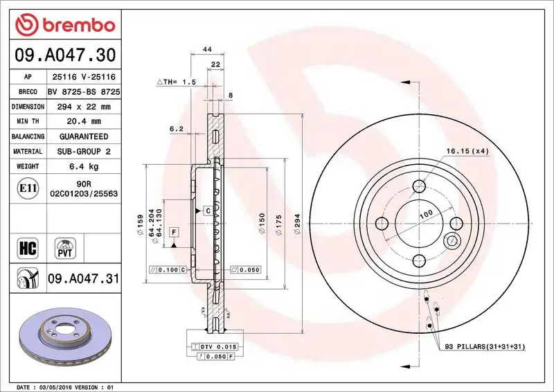 BREMBO 09.A047.31 Ön Fren Diski 34116858652