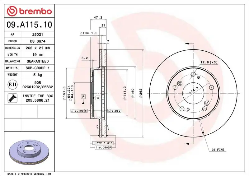 BREMBO 09.A115.10 Ön Fren Diski 45251S7AJ10
