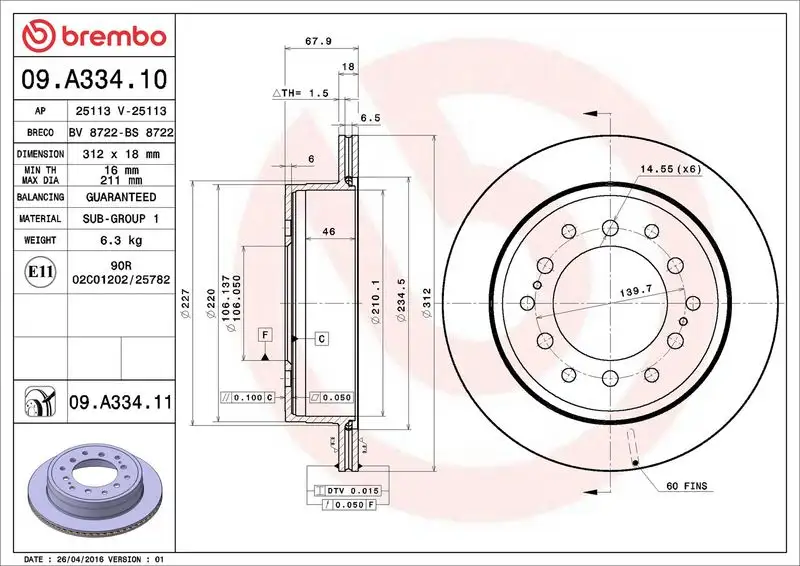 BREMBO 09.A334.11 Arka Fren Diski