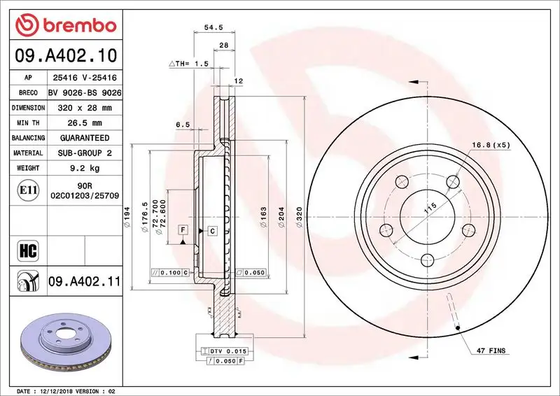 BREMBO 09.A402.11 Ön Fren Diski