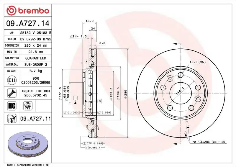 BREMBO 09.A727.11 Ön Fren Diski
