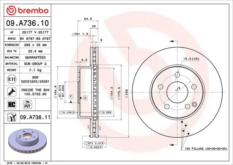 BREMBO 09.A736.11 Ön Fren Diski A2044210012