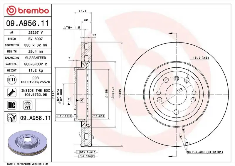 BREMBO 09.A956.11 Ön Fren Diski A1664210612