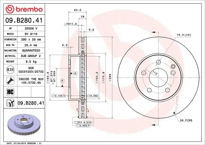 BREMBO 09.B280.41 Ön Fren Diski