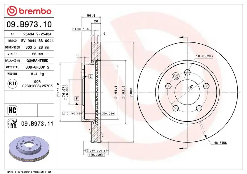 BREMBO 09.B973.11 Ön Fren Diski 2H0615301D