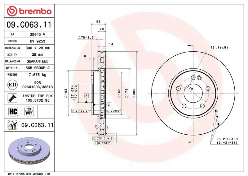 BREMBO 09.C063.11 Ön Fren Diski A4474210612