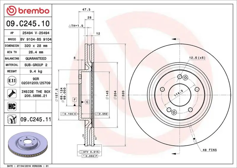 BREMBO 09.C245.11 Ön Fren Diski