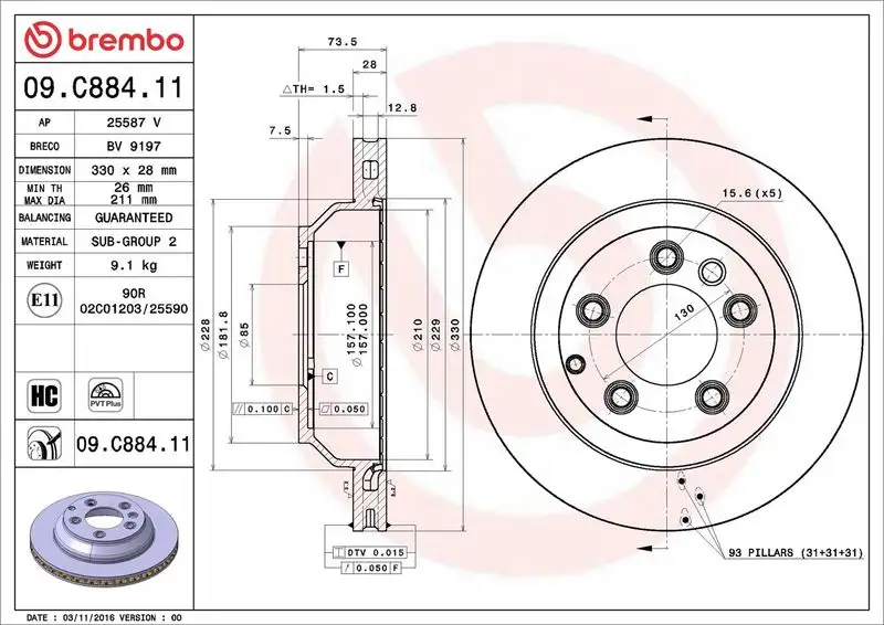 BREMBO 09.C884.11 Arka Fren Diski