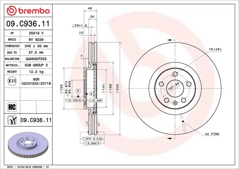 BREMBO 09.C936.11 Ön Fren Diski
