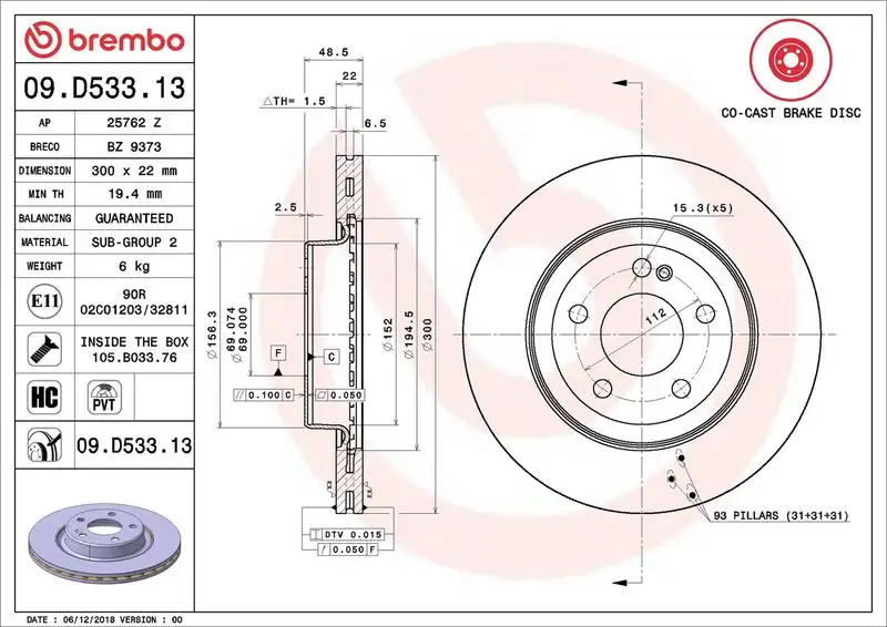 BREMBO 09.D533.13 Arka Fren Diski A0004231812