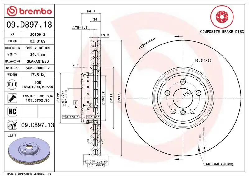 BREMBO 09.D897.13 Ön Fren Diski (Sol) 34116887397