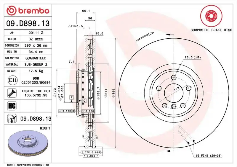 BREMBO 09.D898.13 Ön Fren Diski (Sağ) 34116860920