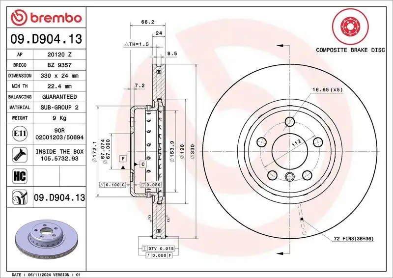 BREMBO 09.D904.13 Ön Fren Diski 43512WAA01