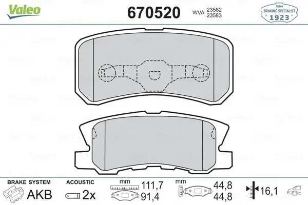 VALEO 670520 Arka Fren Balatası