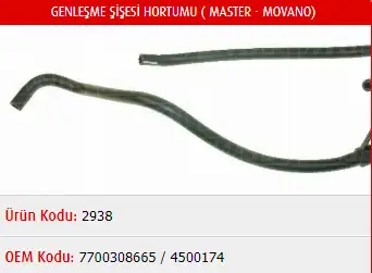 MASTER M2938 Yedek Su Deposu Hortumu 7700308665