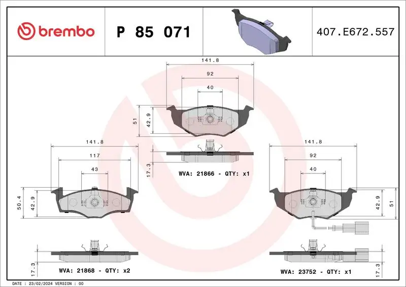 BREMBO P85071 Ön Fren Balatası 6Q0698151B